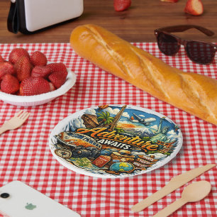 Adventure Awaits Travel Collage Vintage Vacation Paper Plate