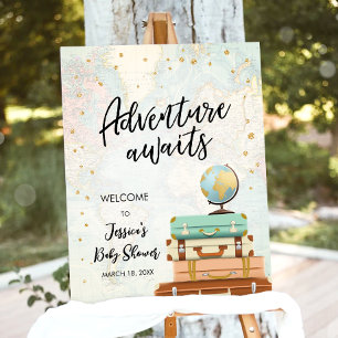 Adventure Awaits Travel Gold Confetti Baby Shower Poster