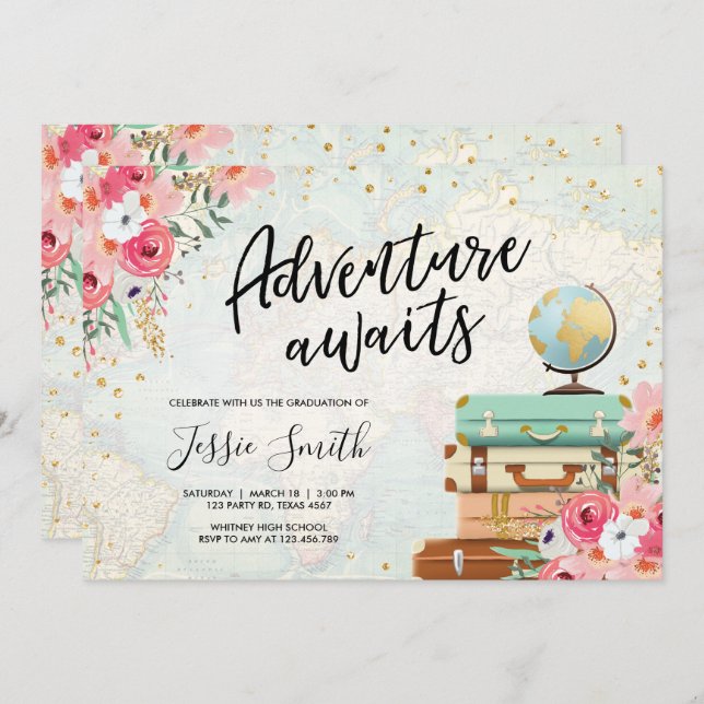 Adventure Awaits Travel Graduation Party School Invitation (Front/Back)