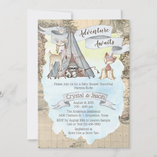 Adventure Awaits Travel Map Boy Baby Shower Invitation (Front)