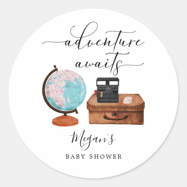 Adventure Awaits Vintage Travel Theme Baby Shower  Classic Round Sticker (Front)