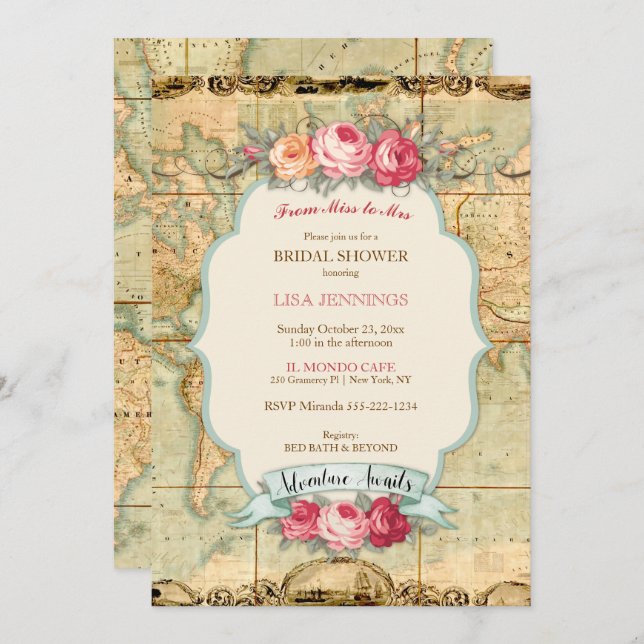 Adventure Awaits Vintage World Map Roses Invitation (Front/Back)