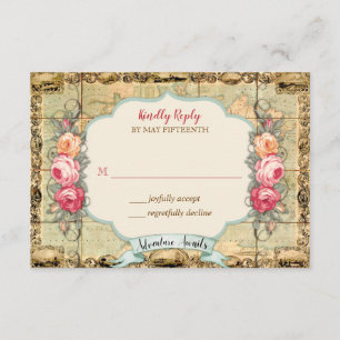 Adventure Awaits Vintage World Map Roses RSVP Card