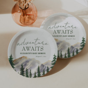 Adventure Awaits Watercolor Mountains Baby Shower Paper Plate