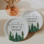 Adventure Awaits Watercolor Rustic Pine Trees Paper Plate<br><div class="desc">Watercolor rustic pine forest "adventure awaits" baby shower paper plates.</div>