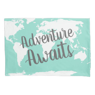 Adventure Awaits White World Map & Mint Pillowcase