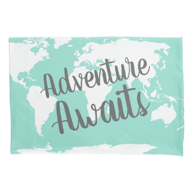 Adventure Awaits White World Map & Mint Pillowcase (Front)