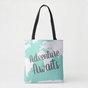 Adventure Awaits White World Map & Mint Tote Bag