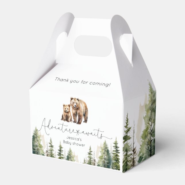 Adventure awaits wild forest bear baby shower favour box (Front Side)
