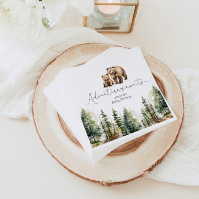 Adventure awaits wild forest bear baby shower napkin (Creator Uploaded)