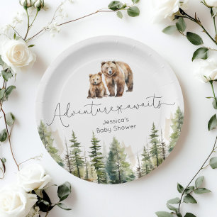 Adventure awaits wild forest bear baby shower paper plate