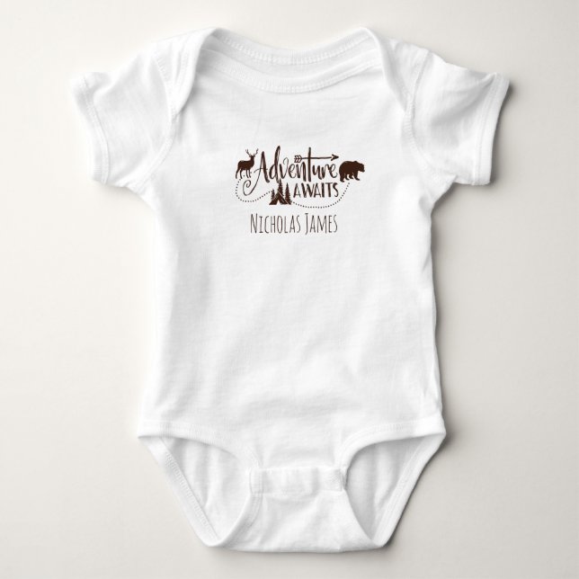 "Adventure Awaits" Wilderness Personalised Baby Bodysuit (Front)