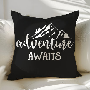 Adventure Awaits Wilderness Quote Black and White Cushion
