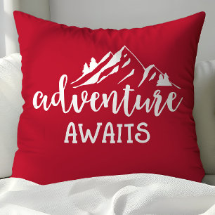 Adventure Awaits Wilderness Quote Red and White Cushion