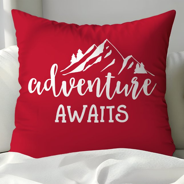 Adventure Awaits Wilderness Quote Red and White Cushion (Creator Uploaded)