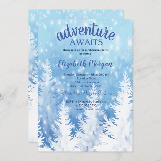 Adventure Awaits Winter Pine Tree Retirement Party Invitation (Front/Back)