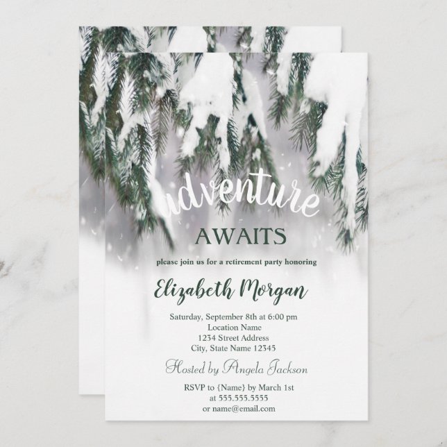 Adventure Awaits Winter Pine Tree Snow Retirement Invitation (Front/Back)