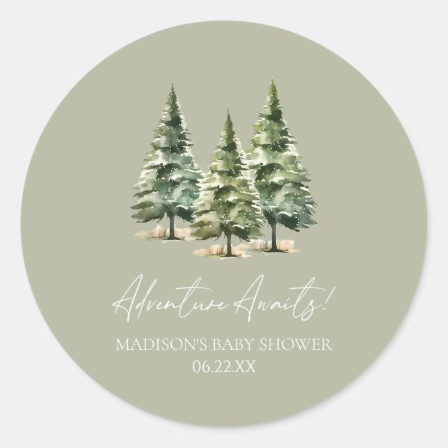 Adventure Awaits! Winter Pine Trees Baby Shower Classic Round Sticker (Front)