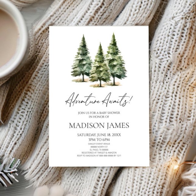Adventure Awaits! Winter Pine Trees Baby Shower Invitation (Creator Uploaded)