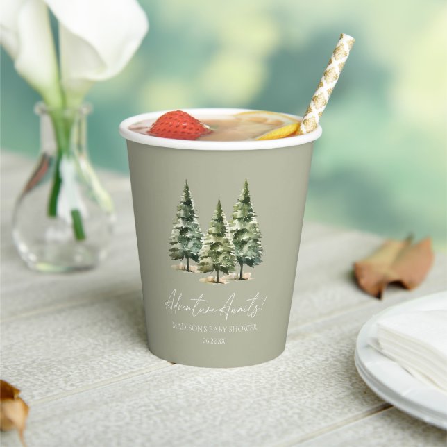 Adventure Awaits! Winter Pine Trees Baby Shower Paper Cups (Insitu)