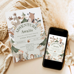 Adventure awaits Woodland animals Arch Baby shower Invitation