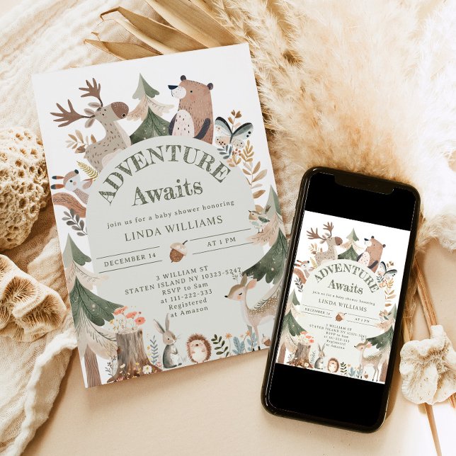 Adventure awaits Woodland animals Arch Baby shower Invitation (Creator Uploaded)