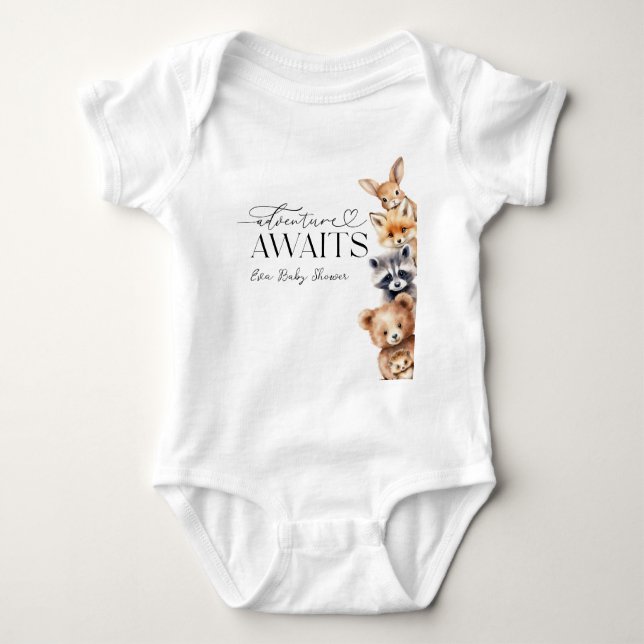 Adventure Awaits Woodland Animals Baby Shower Bodysuit (Front)
