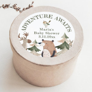 Adventure awaits Woodland animals Baby shower Classic Round Sticker