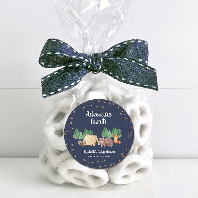 Adventure Awaits Woodland Animals Baby Shower Classic Round Sticker (Creator Uploaded)