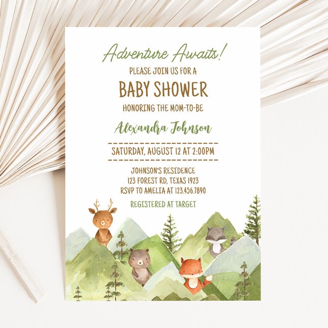 Adventure Awaits Woodland Animals Baby Shower  Invitation (Woodland Animals Baby Shower Invitation)