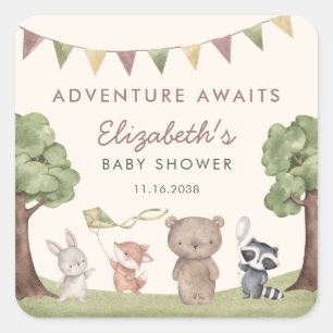 Adventure Awaits Woodland Animals Baby Shower Square Sticker