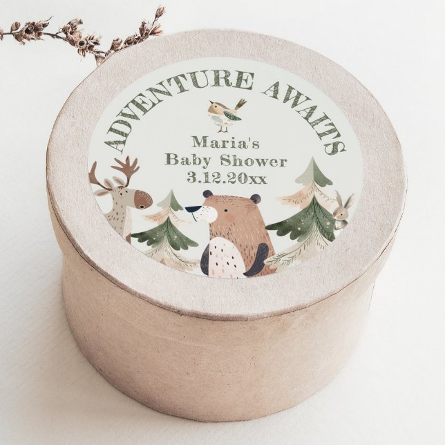Adventure awaits Woodland animals Sage Baby shower Classic Round Sticker (Creator Uploaded)