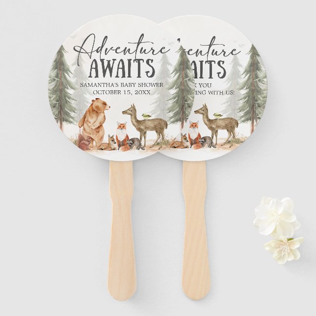 Adventure Awaits Woodland Baby Shower Hand Fan (Front and Back)