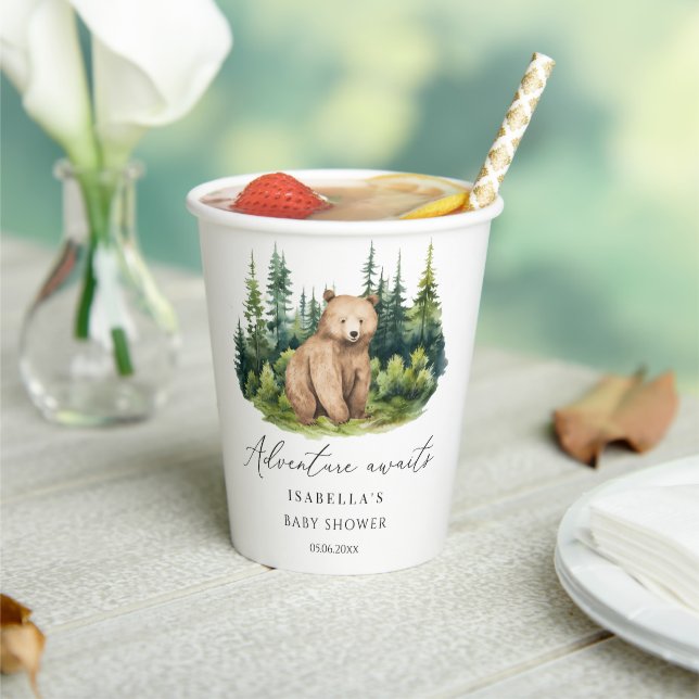 Adventure Awaits Woodland Bear Baby Shower Paper Cups (Insitu)