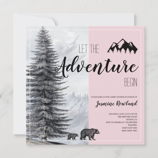 Adventure Awaits Woodland Bear Pink Baby Shower In Invitation (Front)