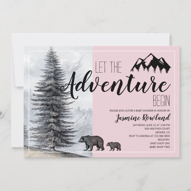 Adventure Awaits Woodland Bear Pink Baby Shower Invitation (Front)