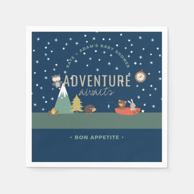 Adventure Awaits Woodland Boy Navy Baby Shower Napkin (Front)