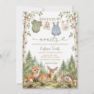 Adventure Awaits Woodland Clothesline Baby Shower Invitation
