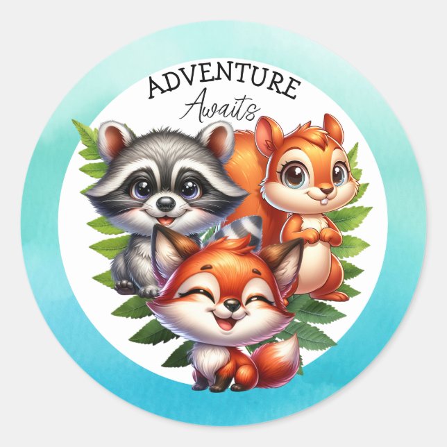 Adventure Awaits | Woodland Creatures Baby Shower Classic Round Sticker (Front)