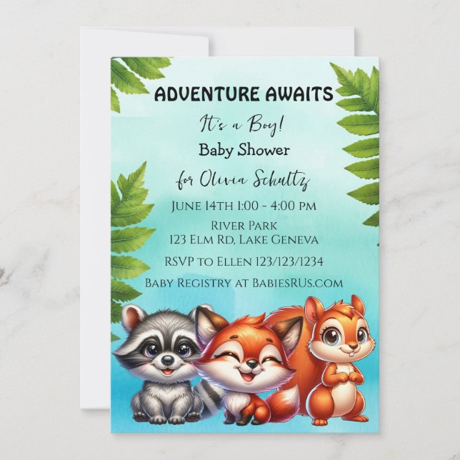 Adventure Awaits | Woodland Creatures Baby Shower Invitation (Front)