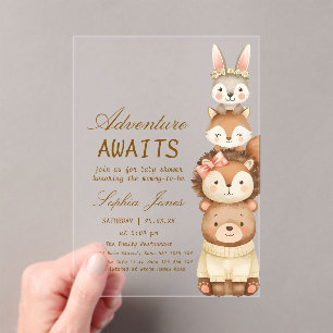 Adventure Awaits Woodland Cute Animals Baby Shower Acrylic Invitations