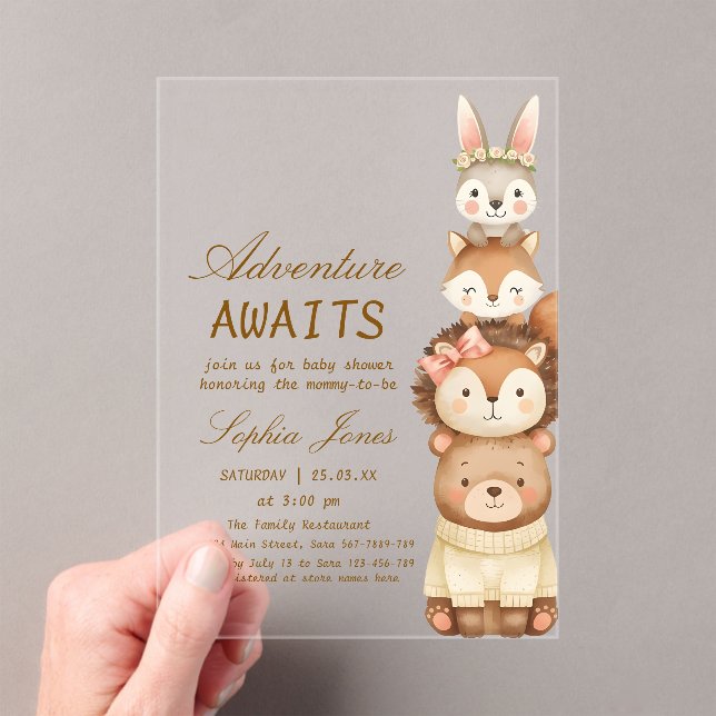 Adventure Awaits Woodland Cute Animals Baby Shower Acrylic Invitations (Insitu (Handheld))