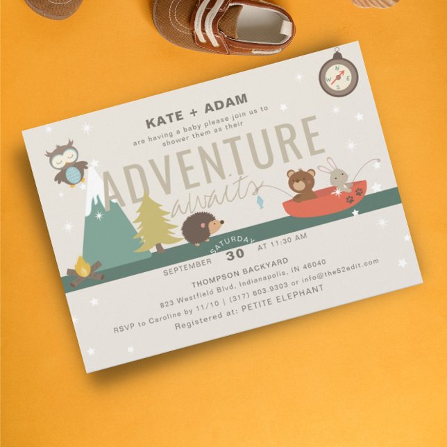 Adventure Awaits Woodland Neutral Taup Baby Shower Invitation (Creator Uploaded)