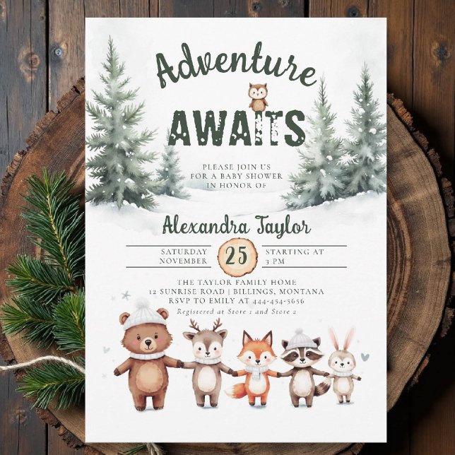 Adventure Awaits Woodland Snow Winter Baby Shower Invitation (winter baby shower invitation adventure awaits cute woodland animals watercolor snow cold forest)