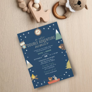 Adventure Awaits Woodland Twin Boys Baby Shower Invitation