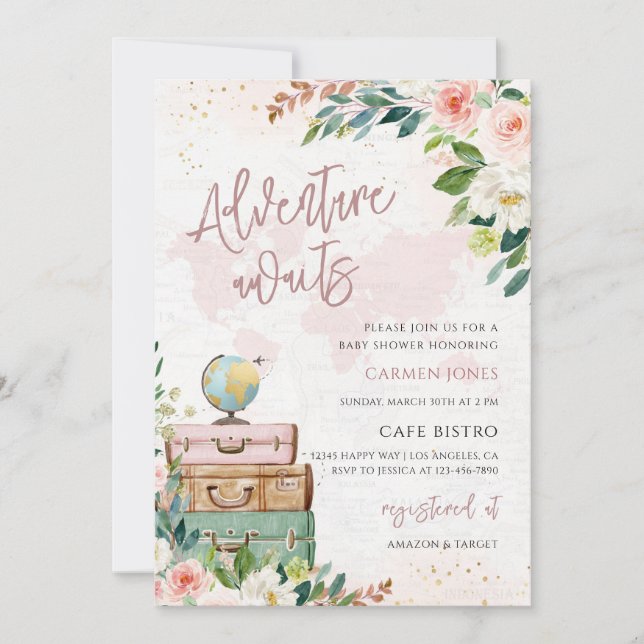Adventure Awaits World Map Baby Shower Invitation (Front)