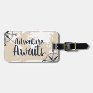 Adventure Awaits World Map & Cream Luggage Tag