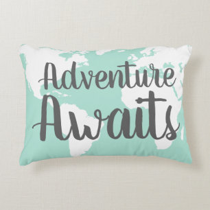 Adventure Awaits World Map & Mint Decorative Cushion