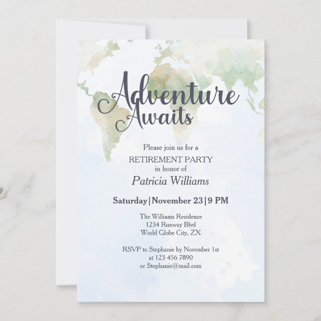 Adventure Awaits World Map Retirement Party  Invitation (Front)