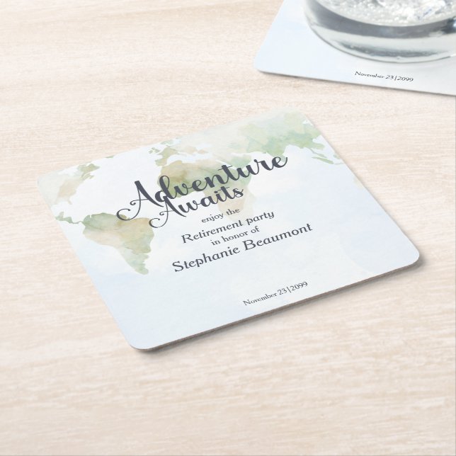 Adventure Awaits World Map Retirement Party  Square Paper Coaster (Angled)